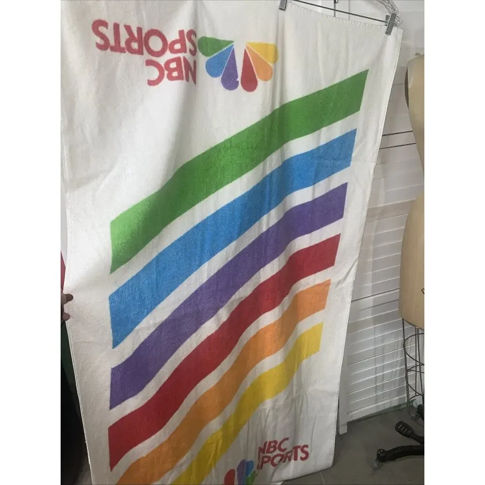Vintage 90s NBC Sports Cotton BEACH TOWEL Peacock Rainbow 60” X 35.5” Loop Yarn